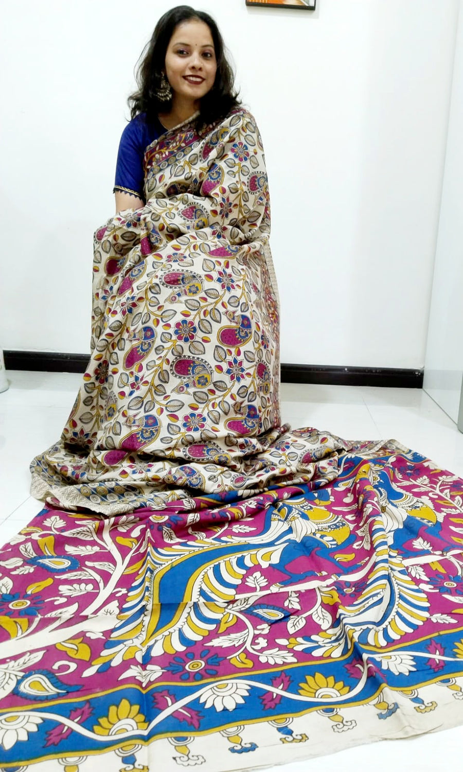 Kalamkari silk off-white and dark pink pedana work saree