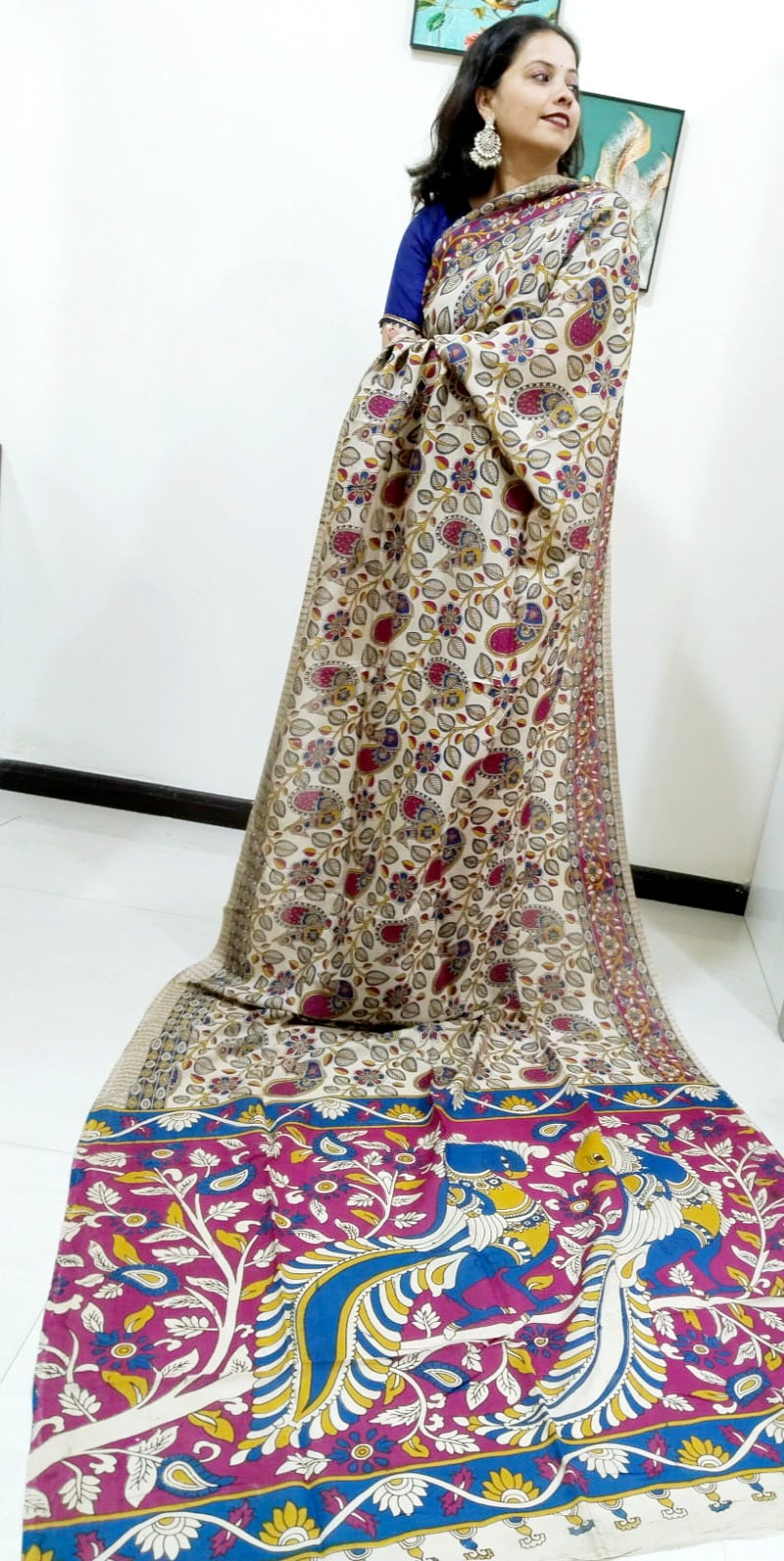 Kalamkari silk off-white and dark pink pedana work saree