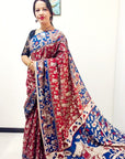 Kalamkari silk red and blue (Machilipatnam) pedana work saree