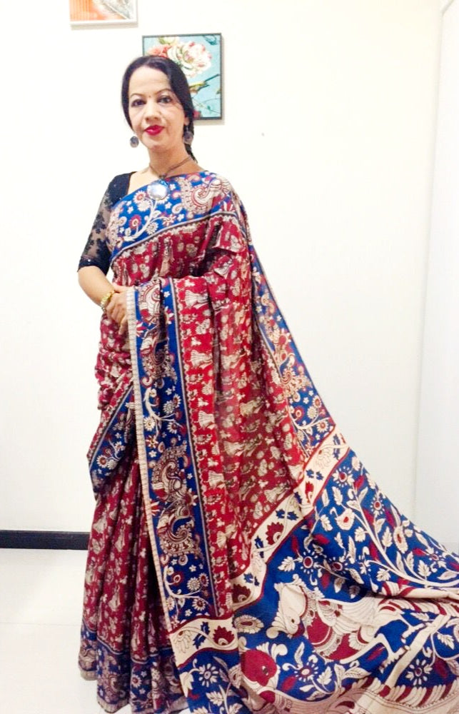 Kalamkari silk red and blue (Machilipatnam) pedana work saree