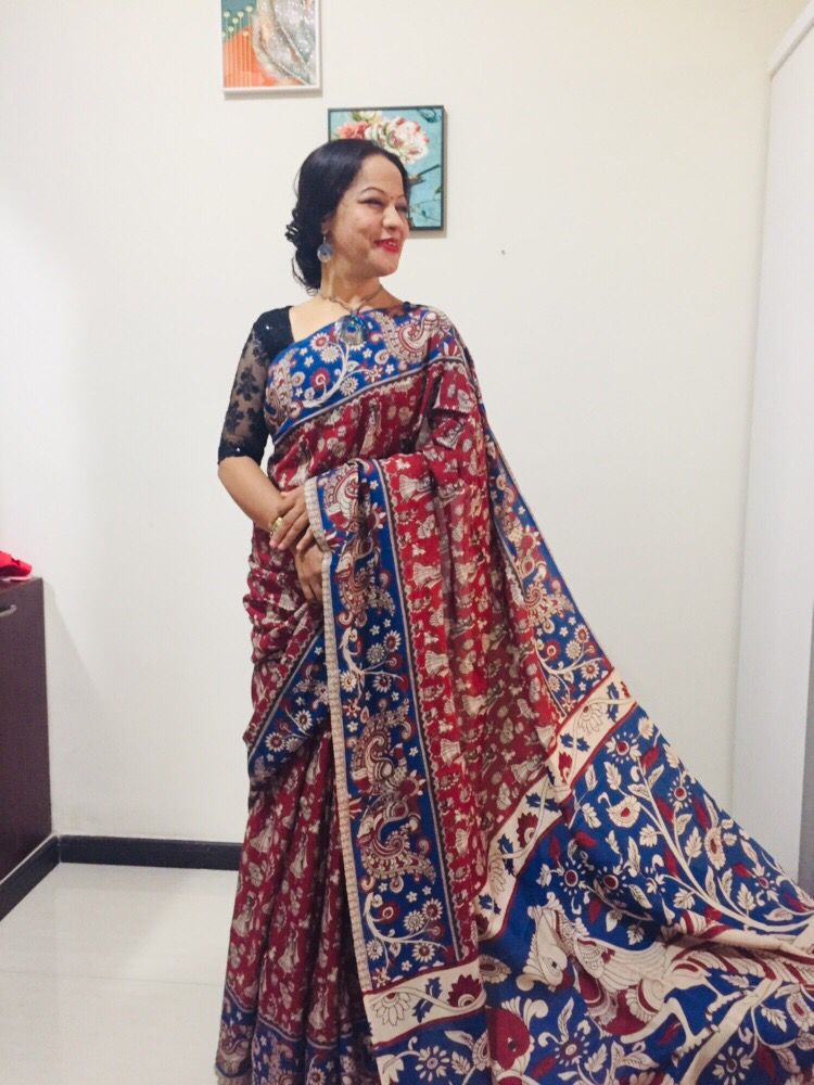 Kalamkari silk red and blue (Machilipatnam) pedana work saree