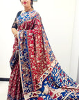 Kalamkari silk red and blue (Machilipatnam) pedana work saree