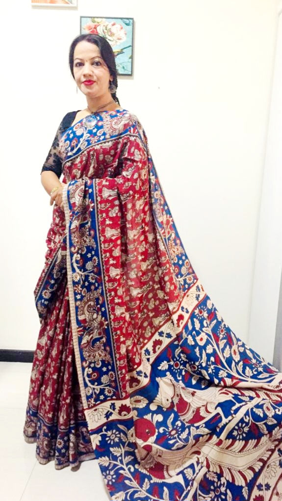 Kalamkari silk red and blue (Machilipatnam) pedana work saree