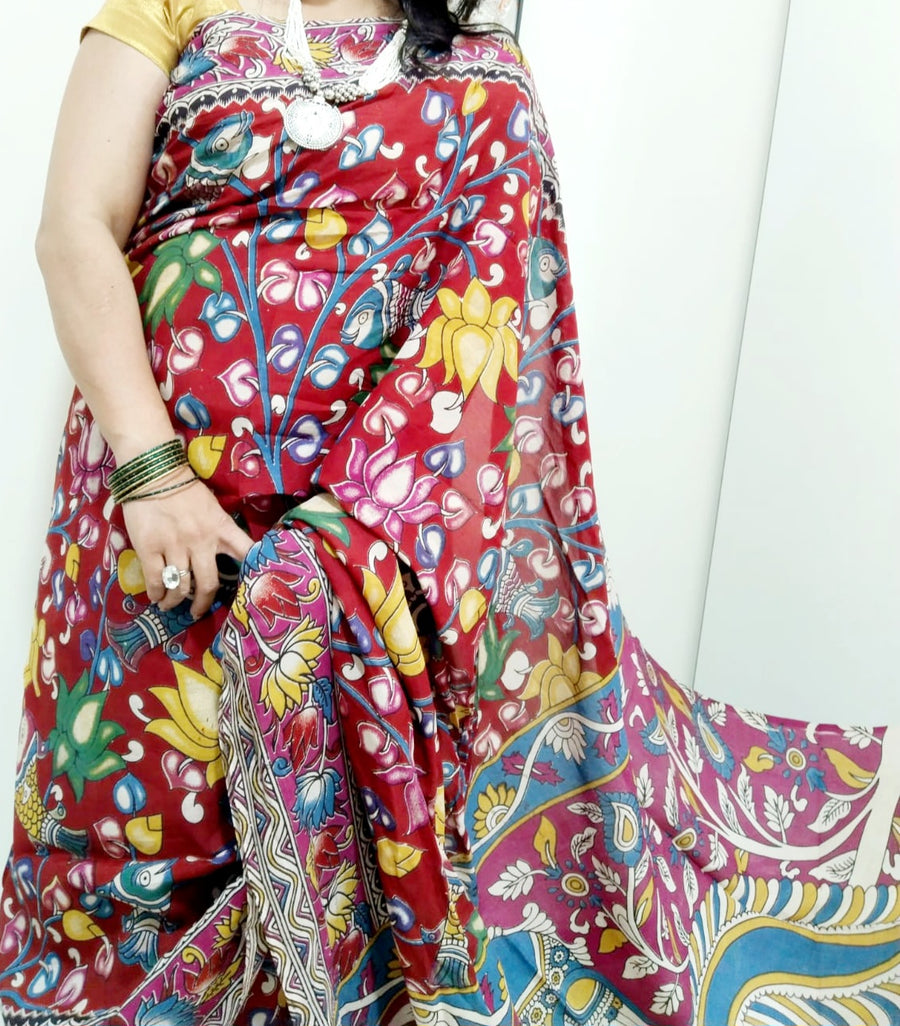 Kalamkari silk dark pink (Machilipatnam) pedana work saree