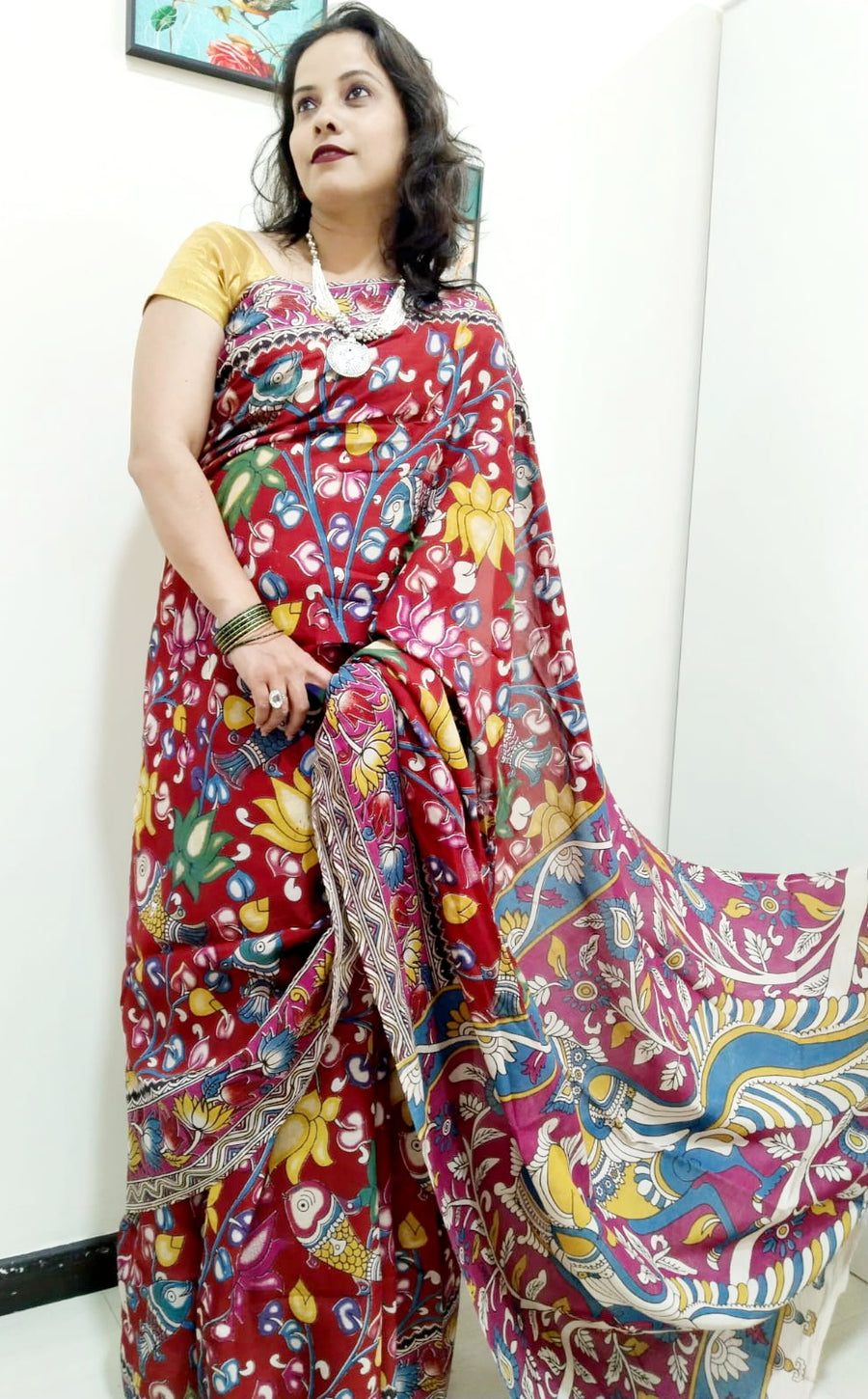 Kalamkari silk dark pink (Machilipatnam) pedana work saree