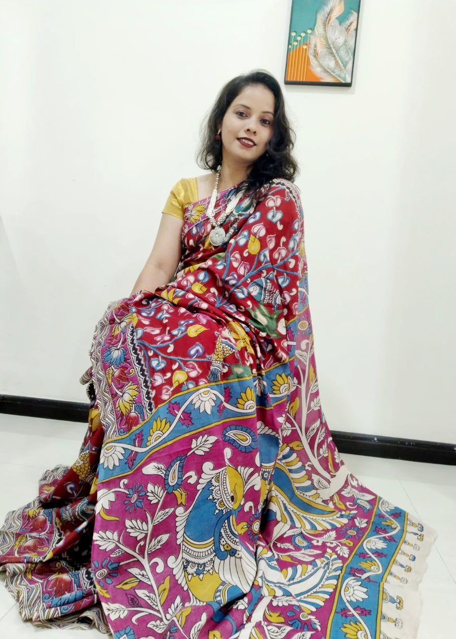 Kalamkari silk dark pink (Machilipatnam) pedana work saree