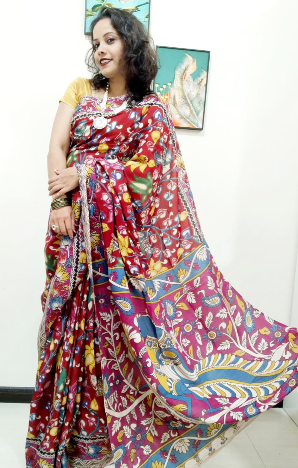 Kalamkari silk dark pink (Machilipatnam) pedana work saree