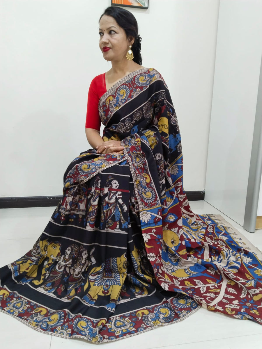 Kalamkari silk black (Machilipatnam) pedana work saree