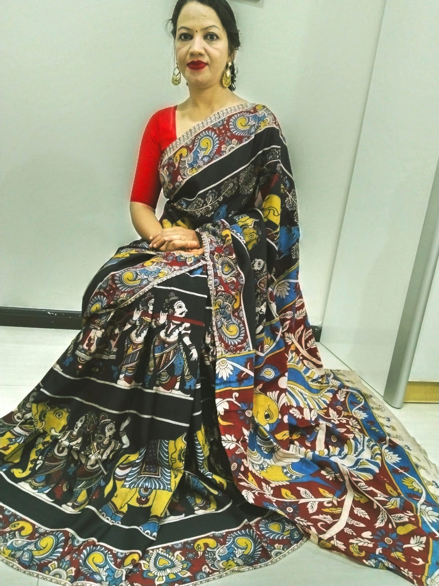 Kalamkari silk black (Machilipatnam) pedana work saree