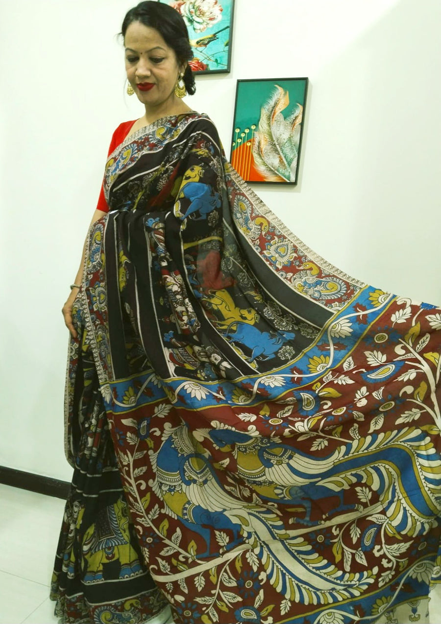 Kalamkari silk black (Machilipatnam) pedana work saree