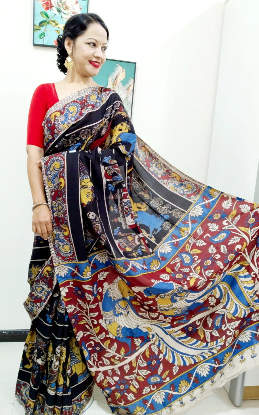 Kalamkari silk black (Machilipatnam) pedana work saree