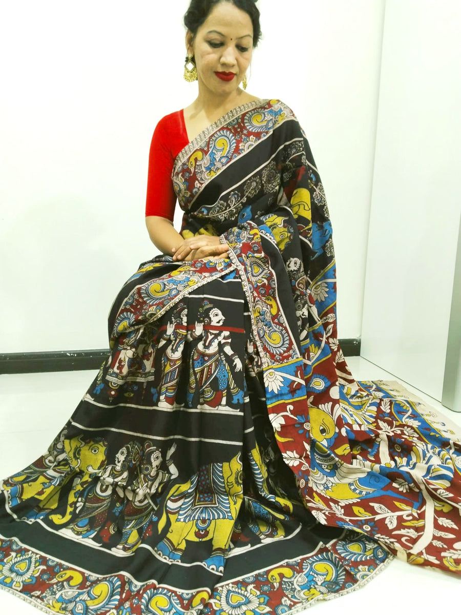 Kalamkari silk black (Machilipatnam) pedana work saree