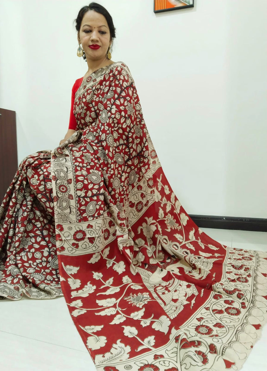 Kalamkari silk maroon (Machilipatnam) pedana work saree