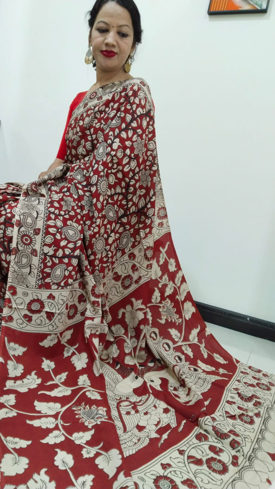 Kalamkari silk maroon (Machilipatnam) pedana work saree