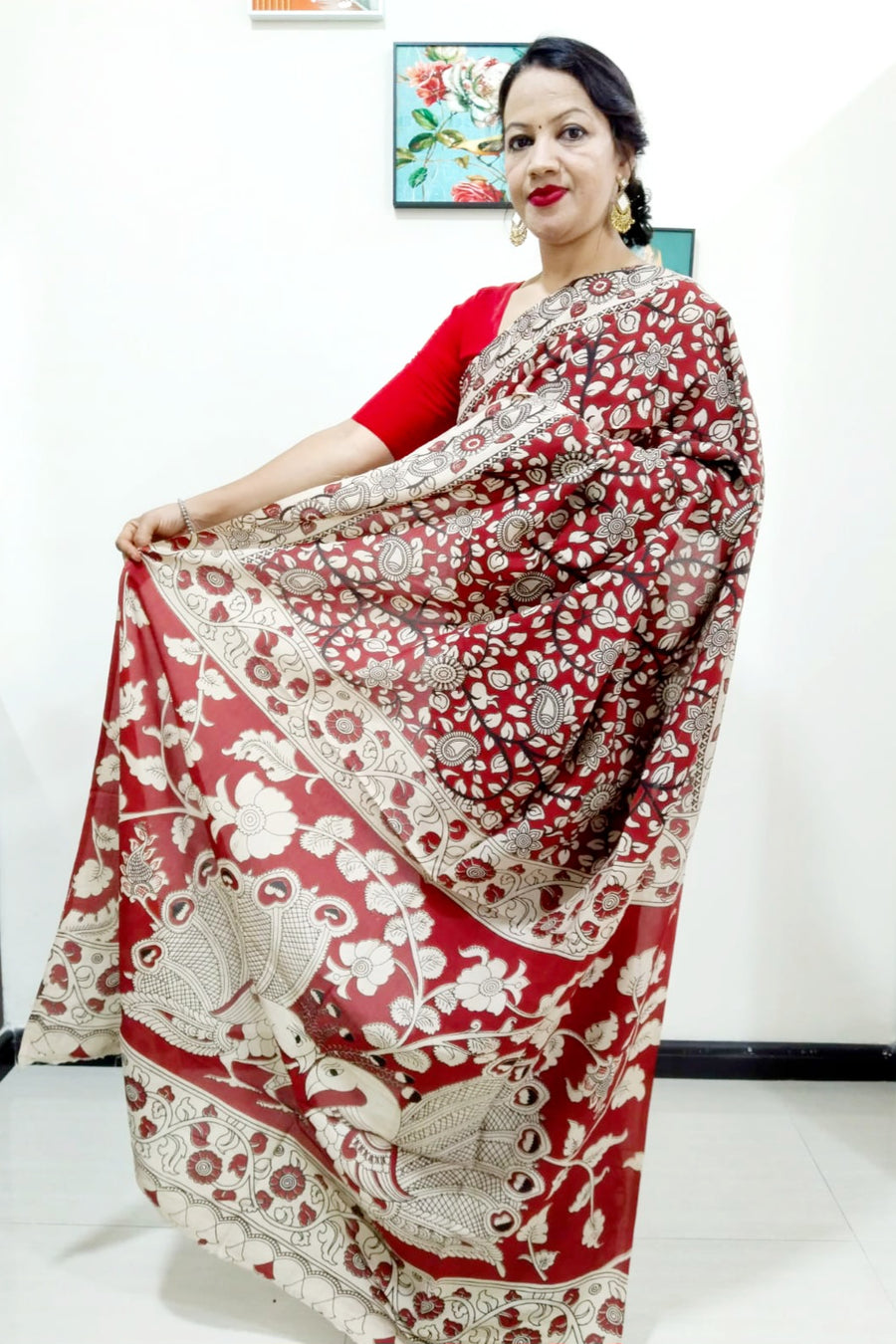 Kalamkari silk maroon (Machilipatnam) pedana work saree