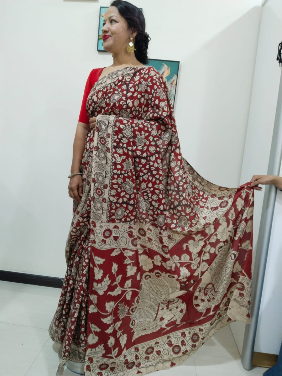 Kalamkari silk maroon (Machilipatnam) pedana work saree