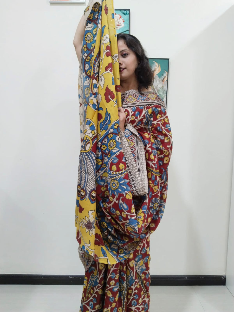 Kalamkari silk maroon and yellow  (Machilipatnam) pedana work saree