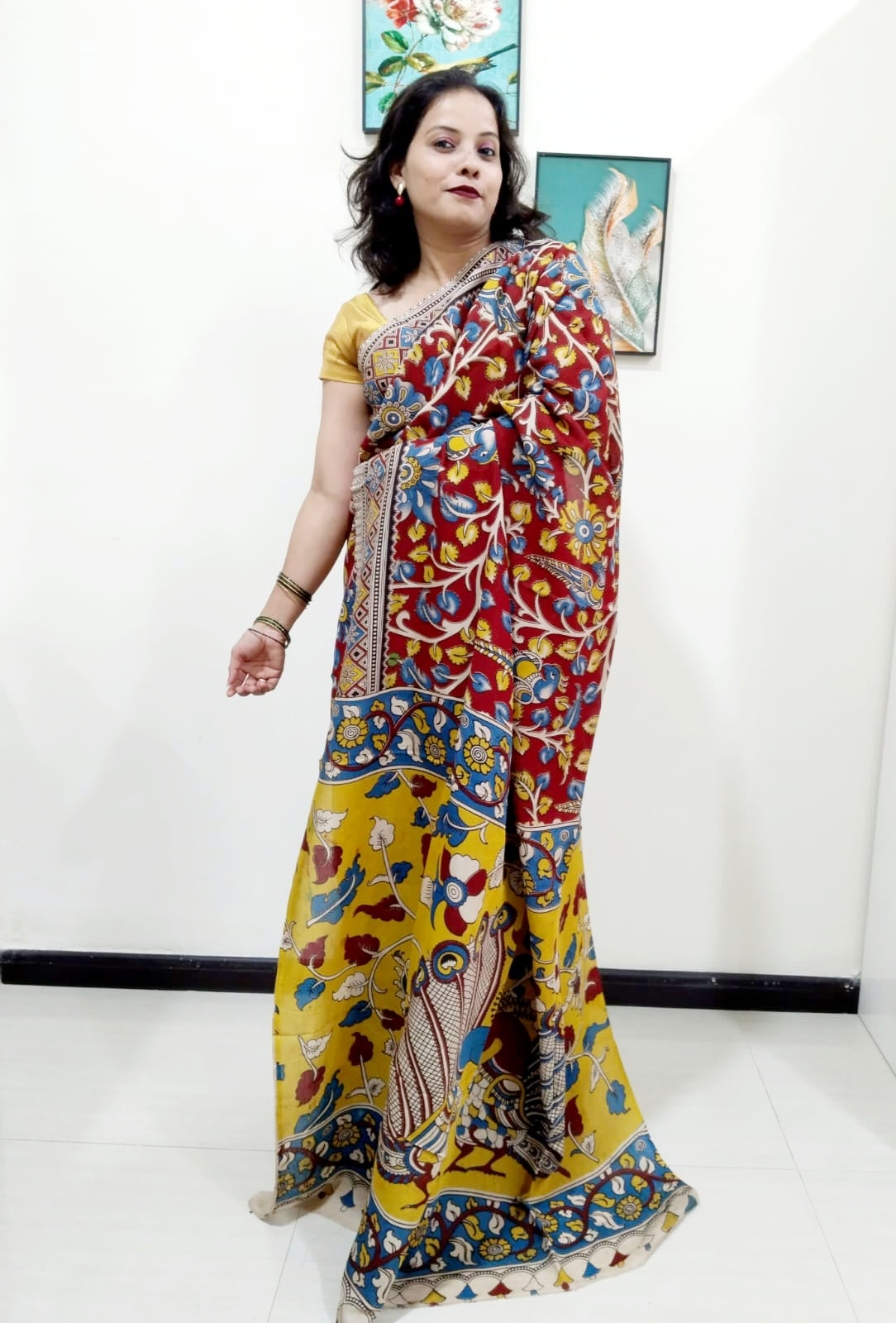 Kalamkari silk maroon and yellow  (Machilipatnam) pedana work saree