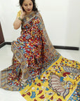 Kalamkari silk maroon and yellow  (Machilipatnam) pedana work saree