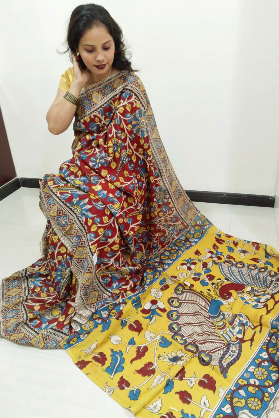 Kalamkari silk maroon and yellow  (Machilipatnam) pedana work saree