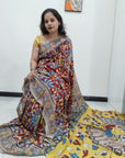 Kalamkari silk maroon and yellow  (Machilipatnam) pedana work saree