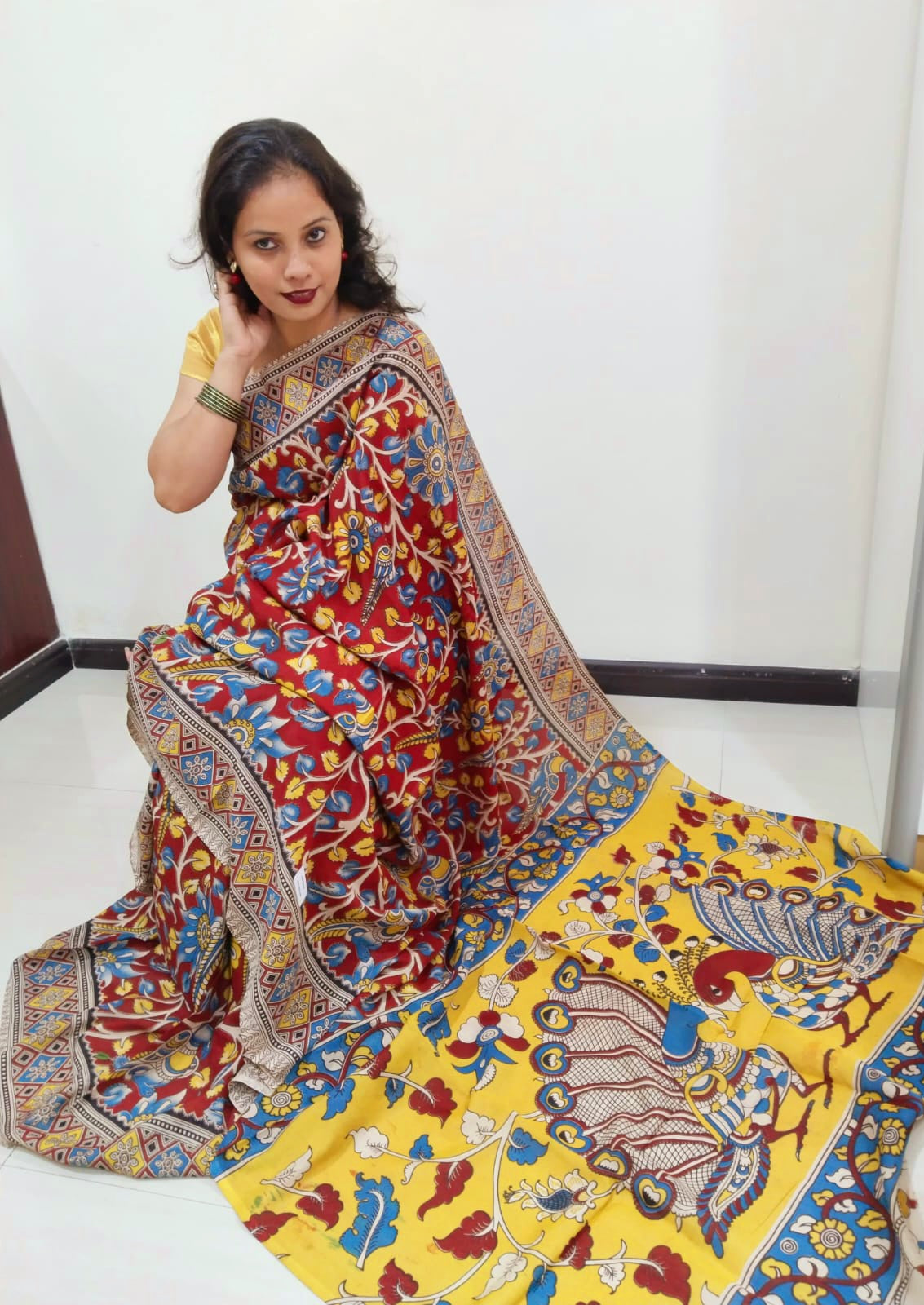 Kalamkari silk maroon and yellow  (Machilipatnam) pedana work saree