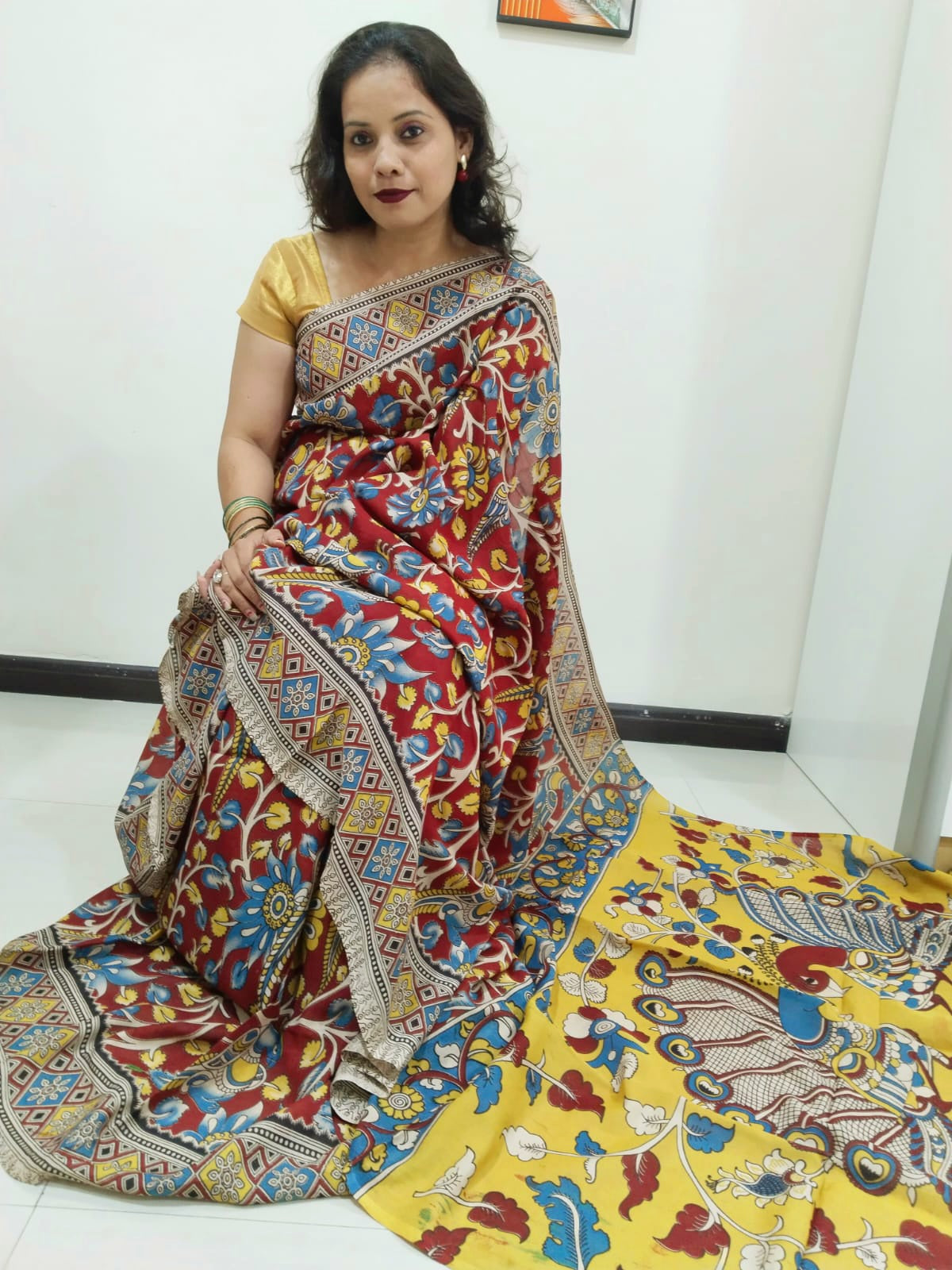 Kalamkari silk maroon and yellow  (Machilipatnam) pedana work saree