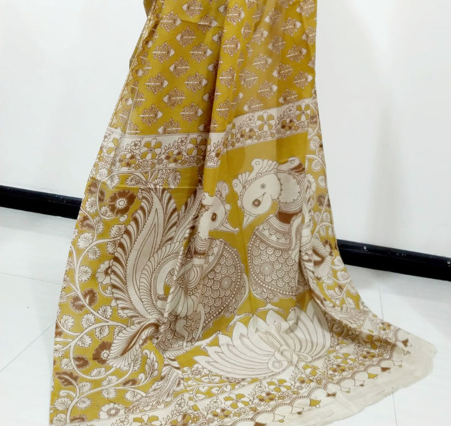 Kalamkari silk mustard yellow  (Machilipatnam) pedana work saree