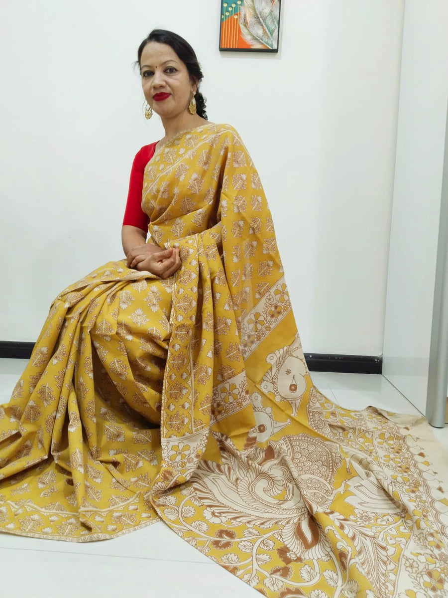 Kalamkari silk mustard yellow  (Machilipatnam) pedana work saree