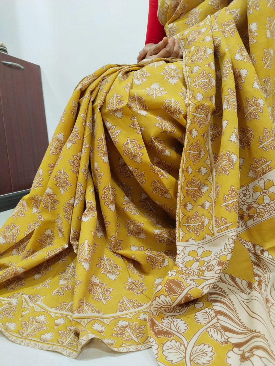 Kalamkari silk mustard yellow  (Machilipatnam) pedana work saree