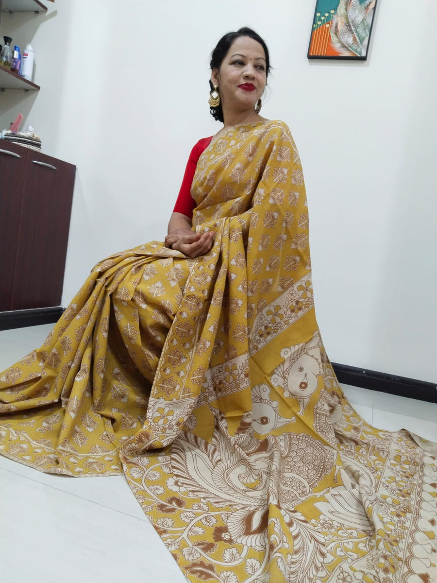 Kalamkari silk mustard yellow  (Machilipatnam) pedana work saree