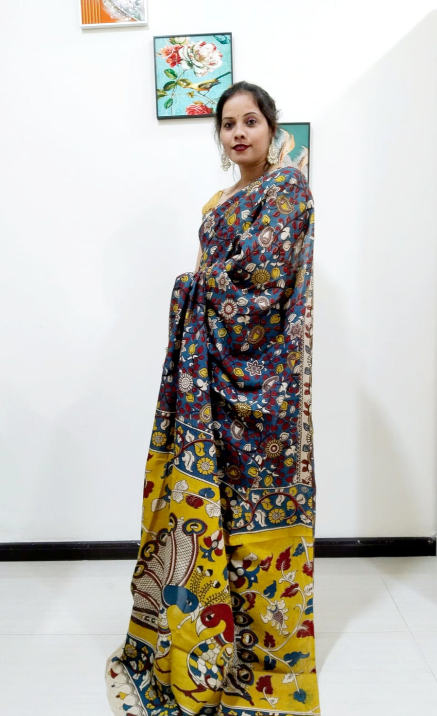 Kalamkari silk dark grey and yellow  (Machilipatnam) pedana work saree