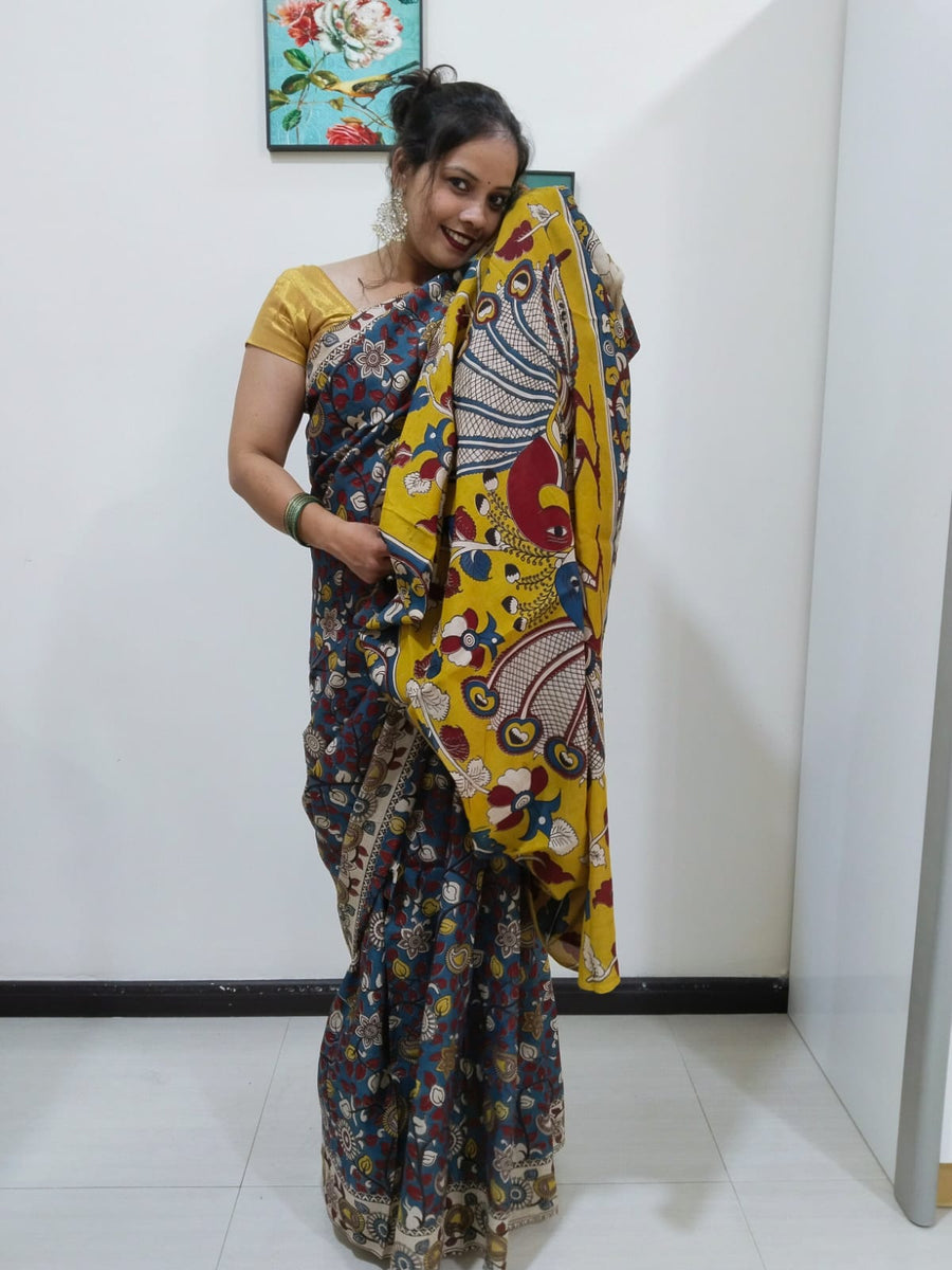 Kalamkari silk dark grey and yellow  (Machilipatnam) pedana work saree