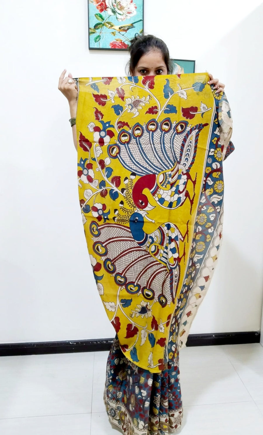 Kalamkari silk dark grey and yellow  (Machilipatnam) pedana work saree