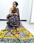 Kalamkari silk dark grey and yellow  (Machilipatnam) pedana work saree