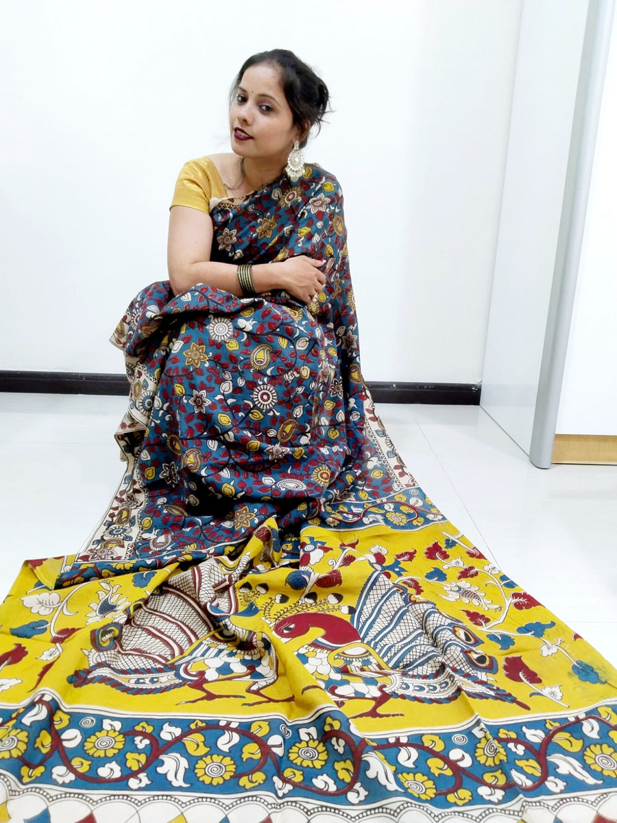 Kalamkari silk dark grey and yellow  (Machilipatnam) pedana work saree