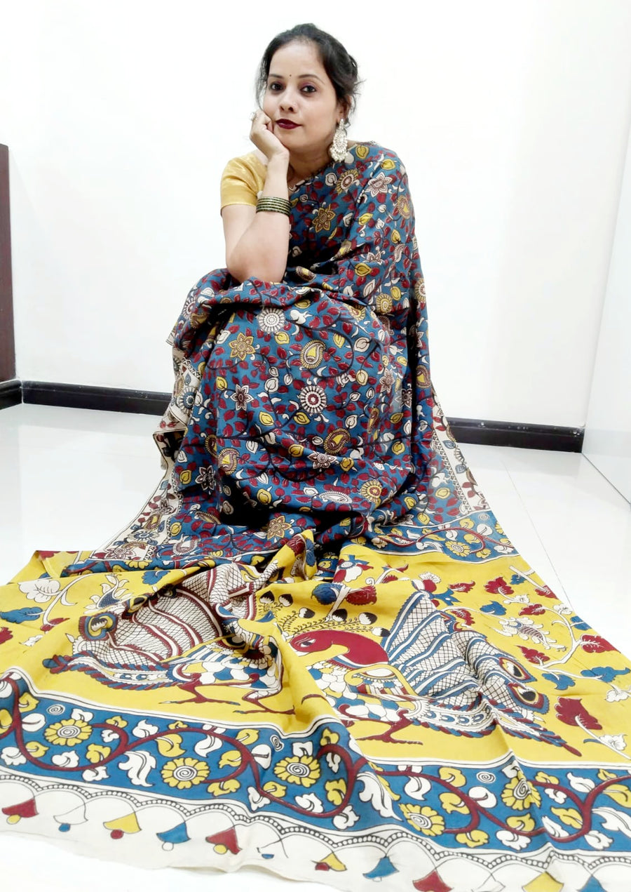 Kalamkari silk dark grey and yellow  (Machilipatnam) pedana work saree