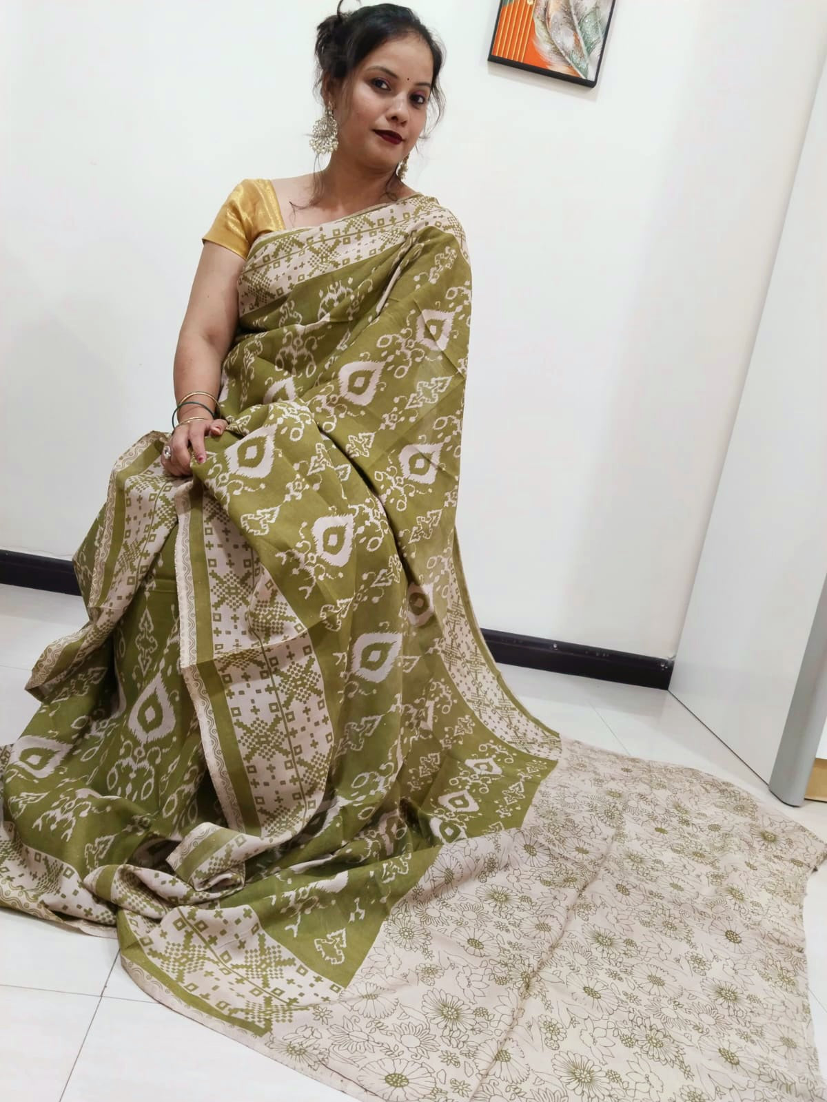 Kalamkari silk olive green (Machilipatnam) pedana work saree