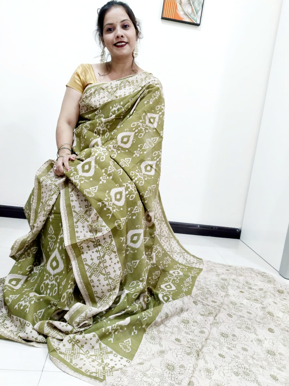 Kalamkari silk olive green (Machilipatnam) pedana work saree