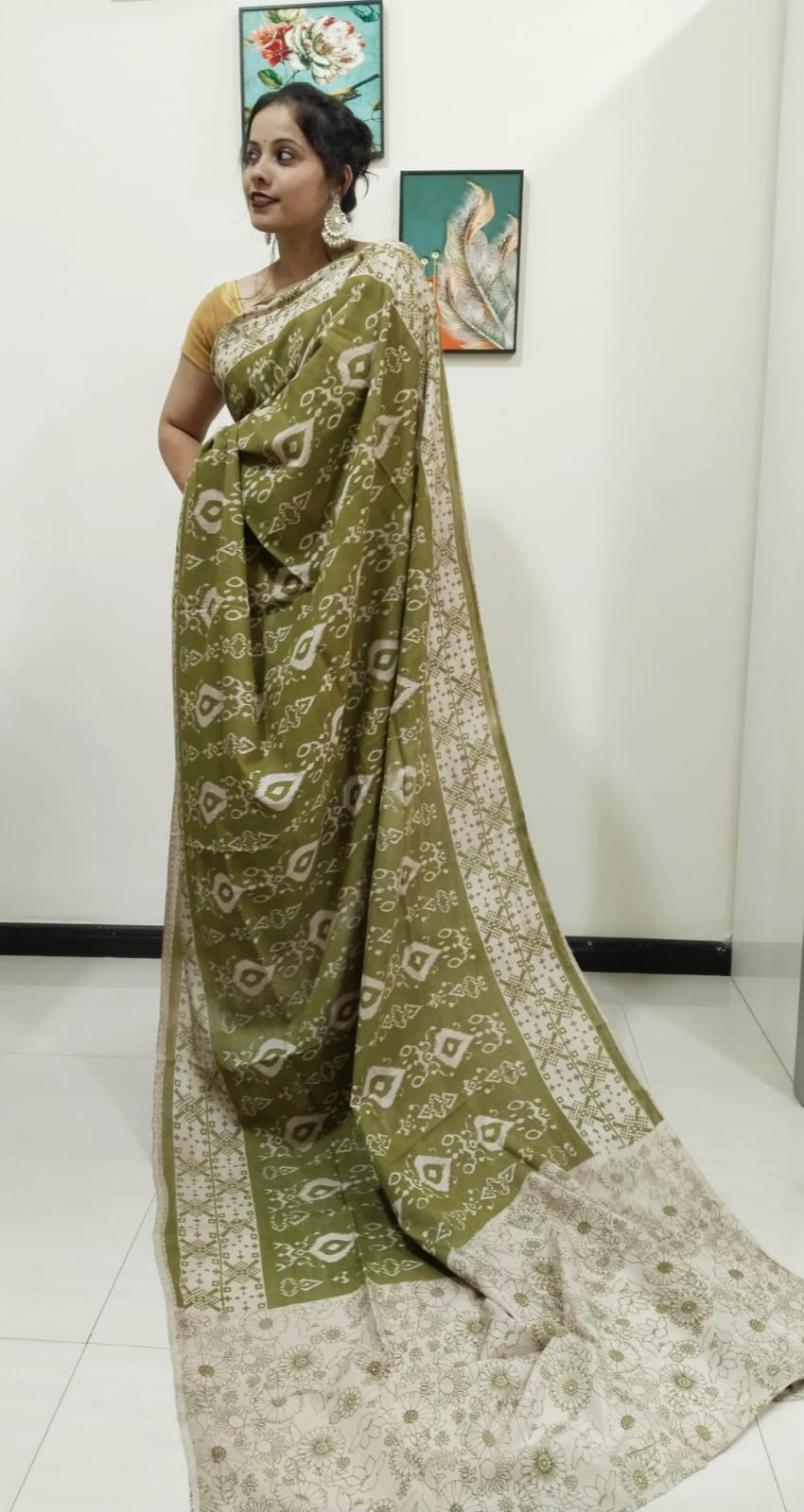 Kalamkari silk olive green (Machilipatnam) pedana work saree
