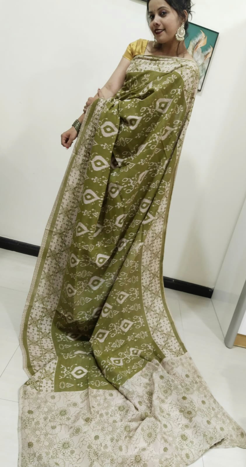 Kalamkari silk olive green (Machilipatnam) pedana work saree