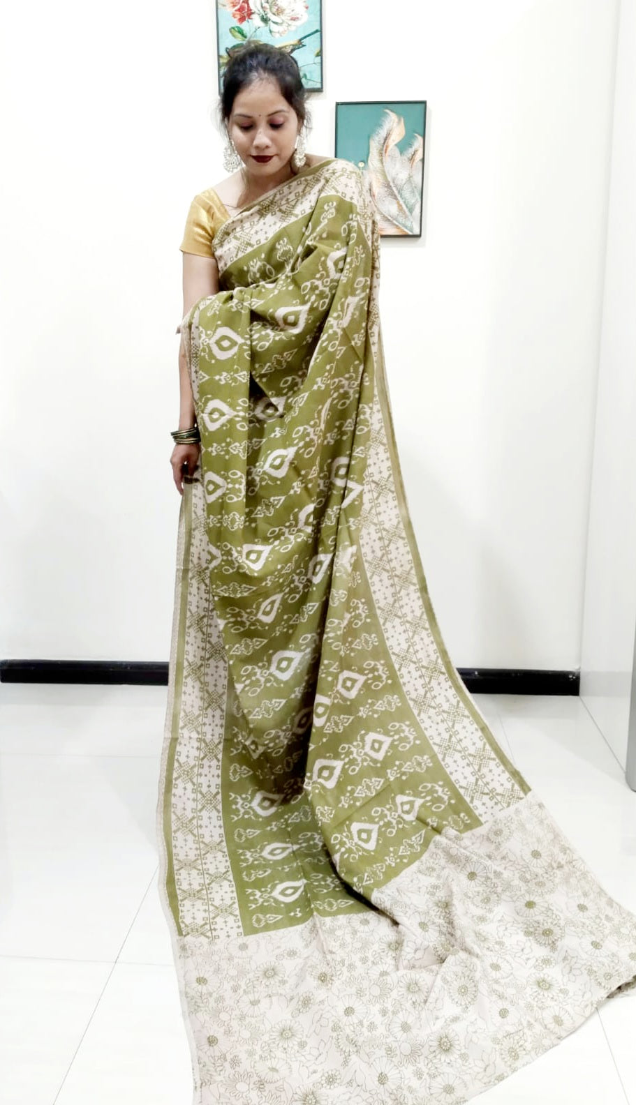 Kalamkari silk olive green (Machilipatnam) pedana work saree