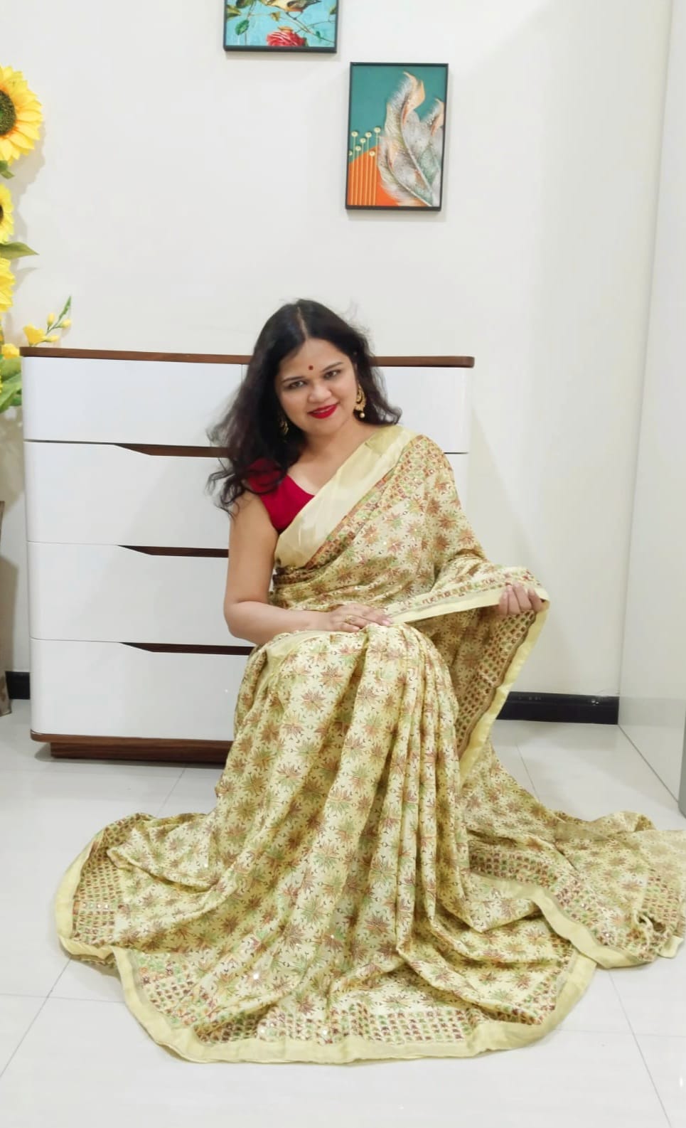 Lemon color multicolor resham thread embroided Phulkari