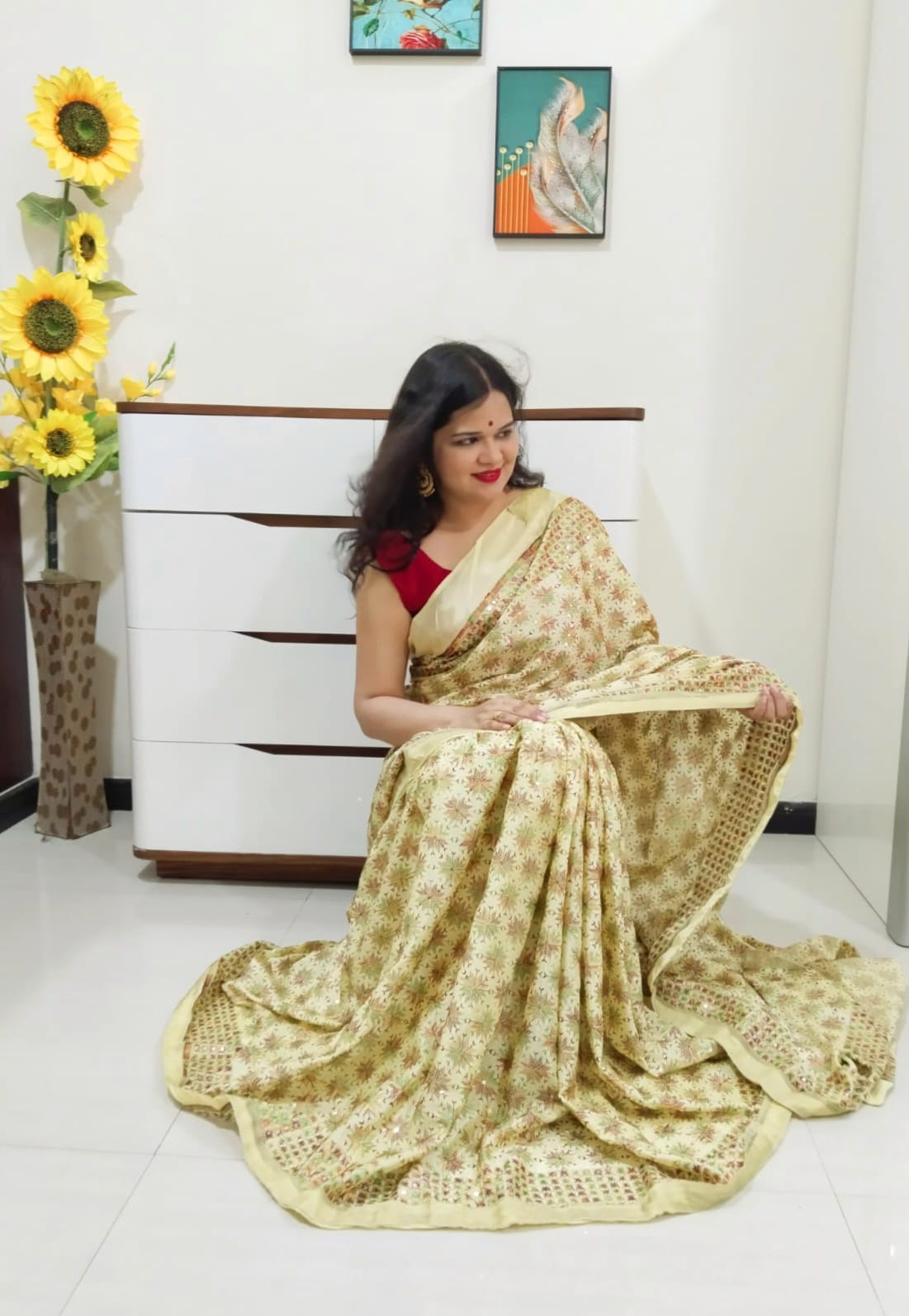 Lemon color multicolor resham thread embroided Phulkari