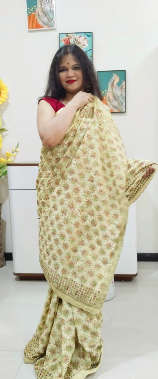 Lemon color multicolor resham thread embroided Phulkari