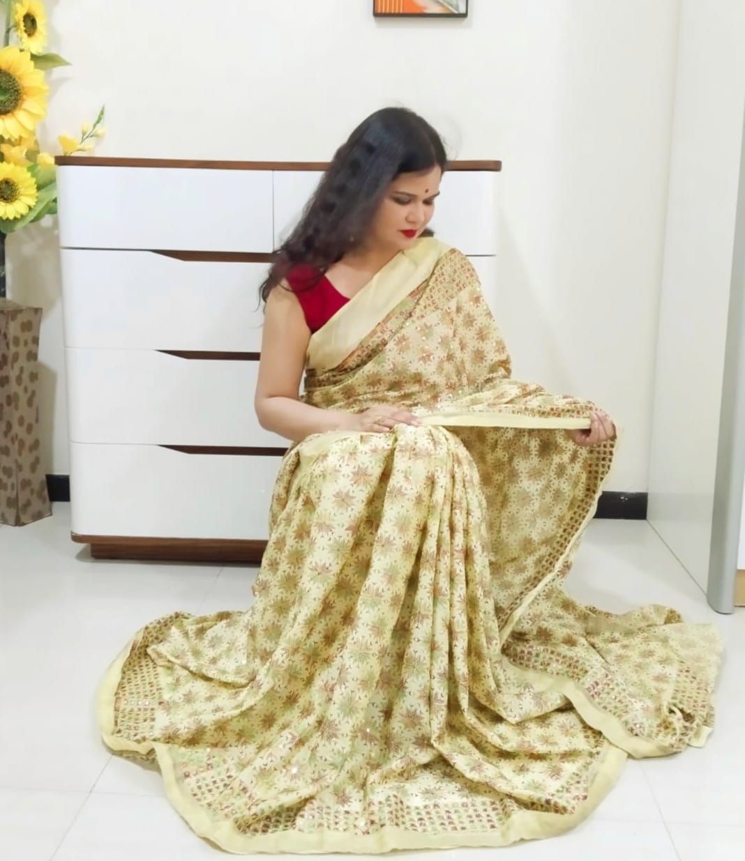 Lemon color multicolor resham thread embroided Phulkari