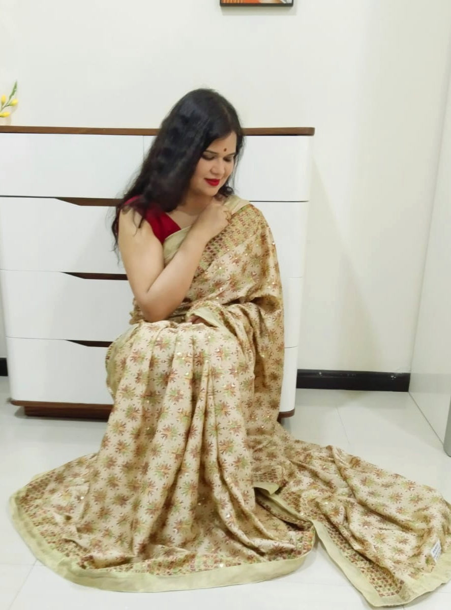 Lemon color multicolor resham thread embroided Phulkari