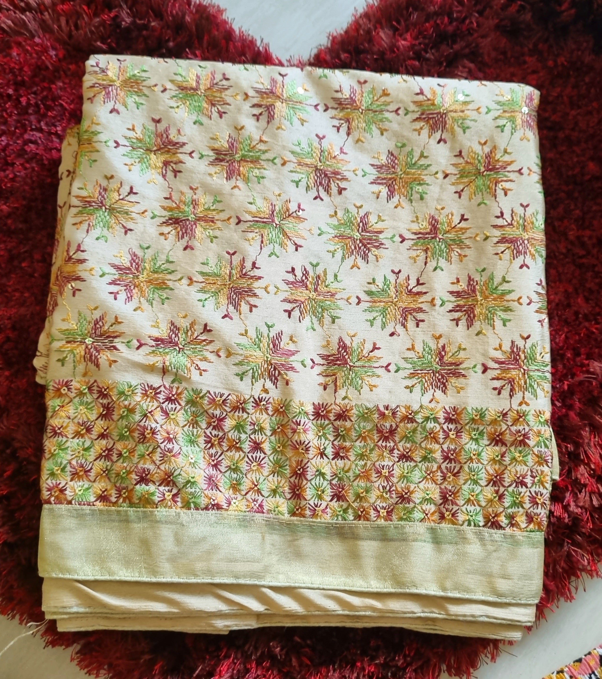 Lemon color multicolor resham thread embroided Phulkari