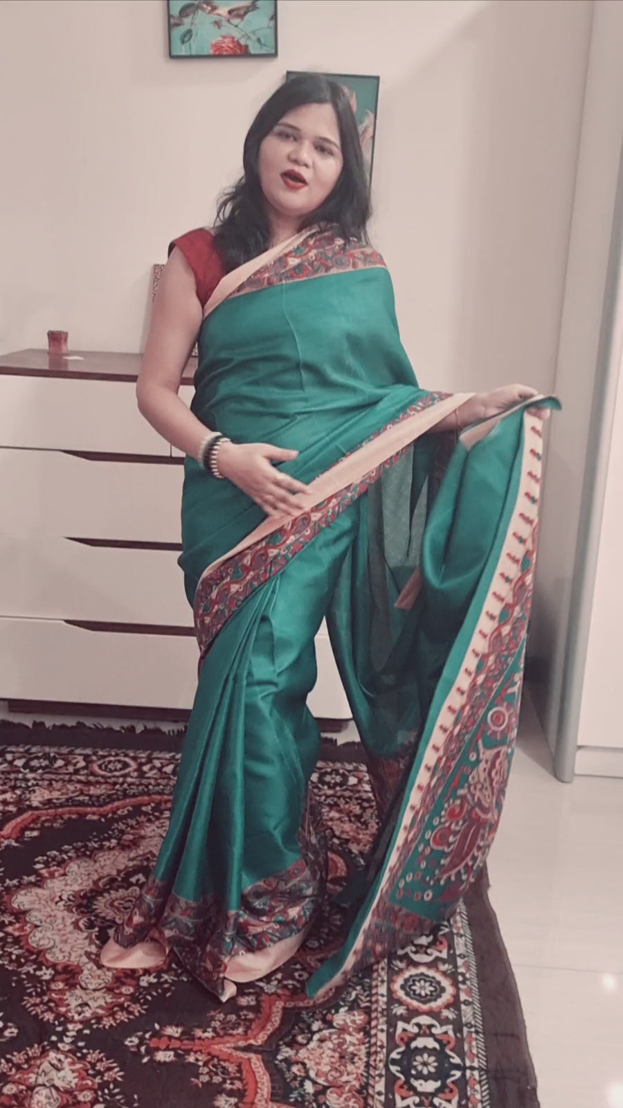 Rama green kalamkari print khadi silk saree