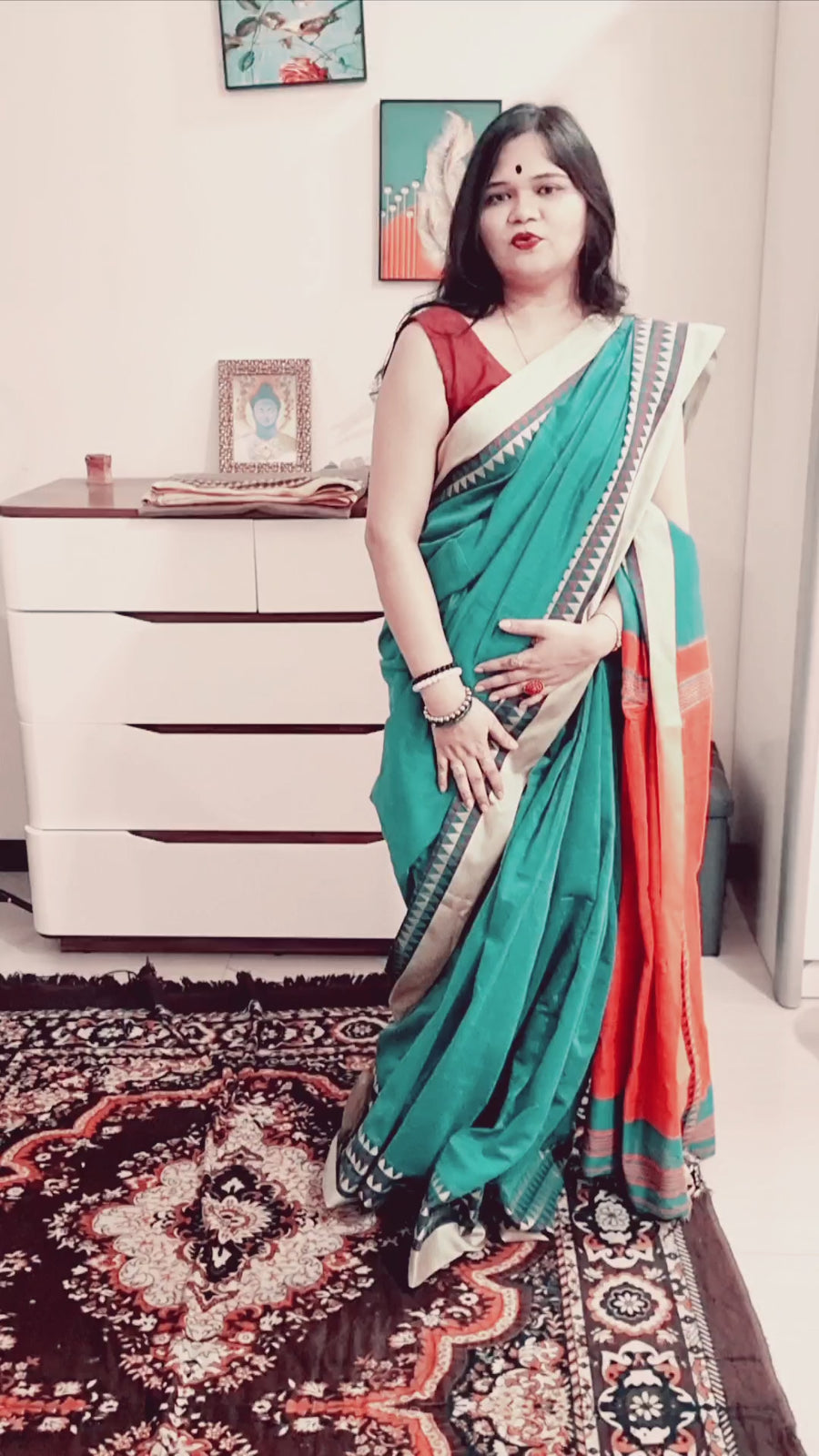 Bengal Handloom Rama green and orange si-co saree